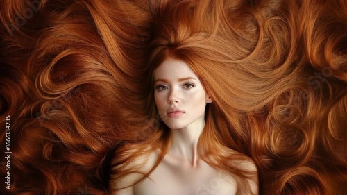 Beautiful woman model with long shiny red hair redhead hairstyle with hair treatment for advertising banner.Macro.AI Generative.