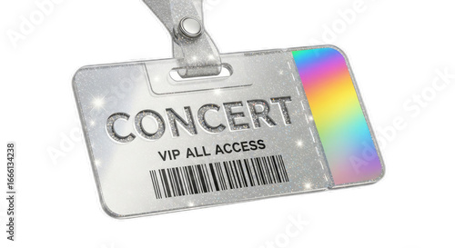 Close up of a silver concert vip all access pass with a rainbow colored edge on black