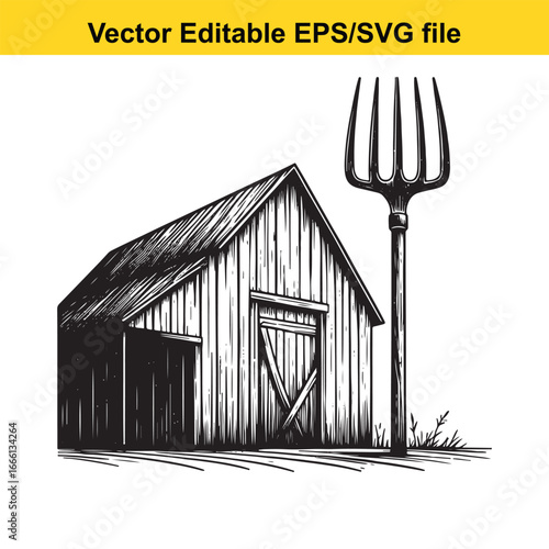 Rustic barn with a pitchfork in front, isolated on white background