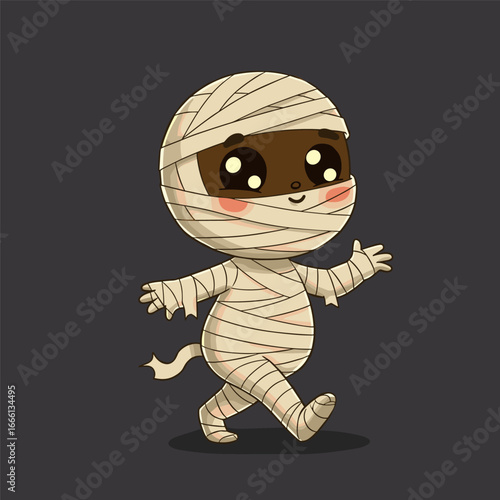 Playful cartoon mummy with blushing cheeks and joyful eyes, walking with arms outstretched.