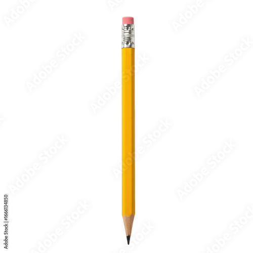 Single, meticulously sharpened classic yellow wooden pencil with dark graphite lead, pink eraser, silver ferrule, isolated on transparent background. Symbol of precision, clarity, ideation