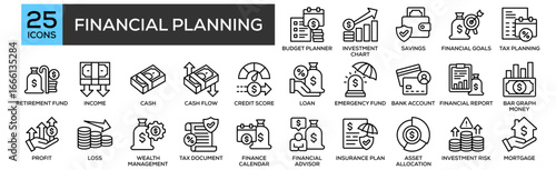 Financial Planning icon set. Containing design Budget Planner, Investment Chart, Savings, Financial Goals, Tax Planning