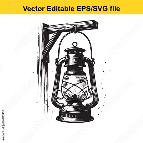 Vintage kerosene lantern hanging from a wooden post, isolated on white background
