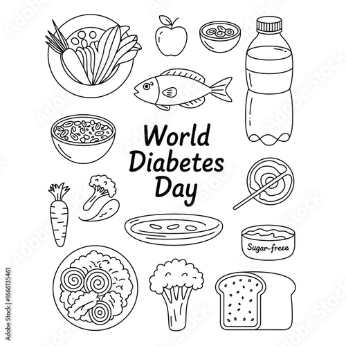 Black and white vector World Diabetes Day food bundle with vegetables, apple, nuts, fish, oatmeal, water, sugar-free yogurt, carrot, and bread