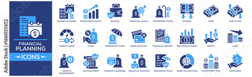 Financial Planning icon set. Containing design Budget Planner, Investment Chart, Savings, Financial Goals, Tax Planning. Solid icon collection.