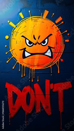 Angry sun graffiti with the word don't painted in red on a dark blue textured background