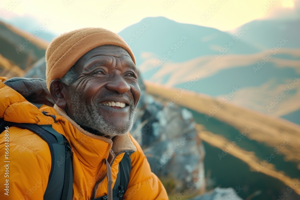 African senior man hiking mountain smile adult. African senior man hiking mountain smile adult.