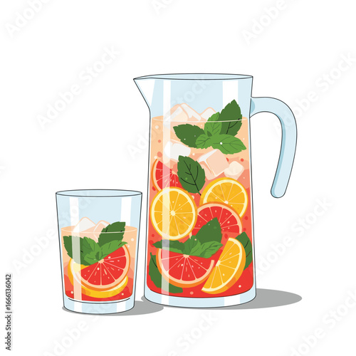 Refreshing citrus mint infused water with slices of orange and grapefruit chilled with ice cubes
