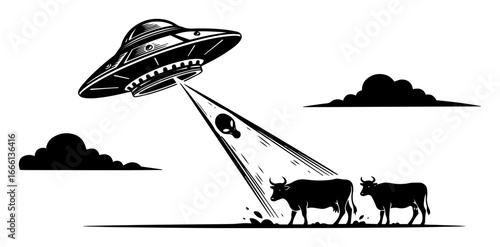 UFO abducting cows vector black and white sketch