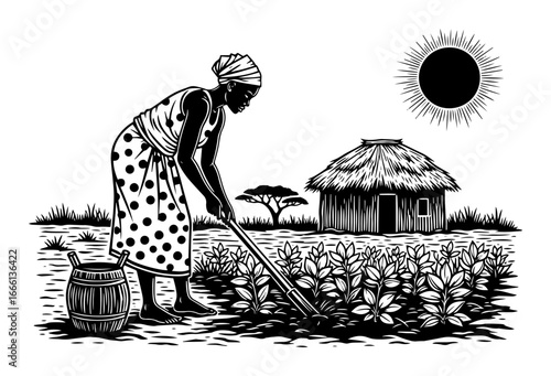 African woman farming in field vector illustration