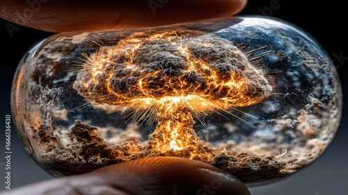 A glass vial containing a dramatic explosion against a blurred dark background.