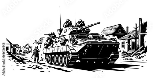 Military tank in urban area vector sketch
