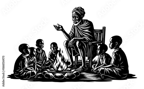 Elder storytelling by fire vector engraving