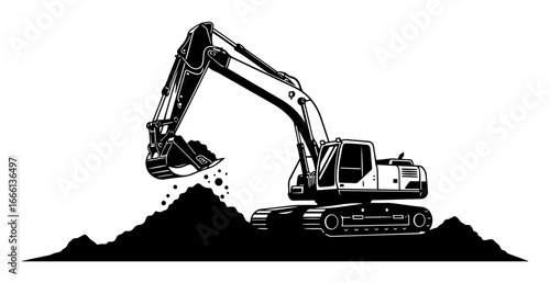 Excavator working on site vector engraving