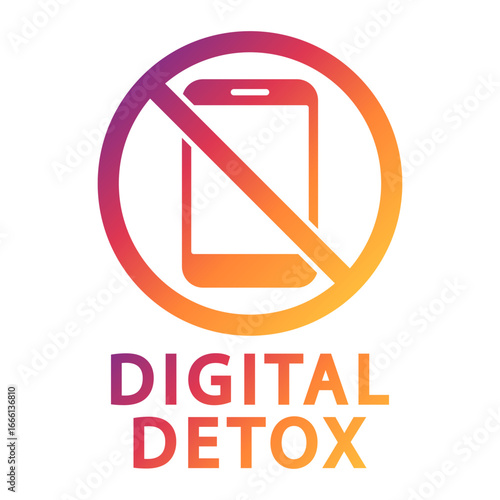 A no cell phone sign with a digital detox logo. The sign is orange and white.