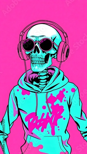 A skeleton wearing sunglasses and headphones with a hoodie in a pink background color scheme