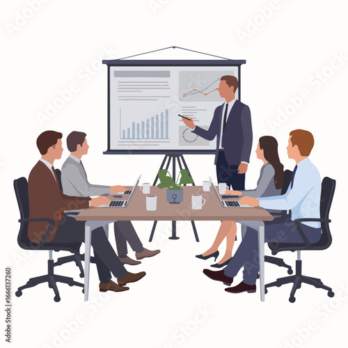 A business presentation with a man pointing to a chart while others watch at a conference table with laptops