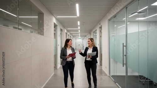 Two professional women walking and talking in modern office corridor