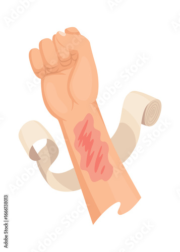 Hands injured skin and procedures of bandaging. First aid for wound. Medicine cure or treatment. First emergency help for human hand trauma