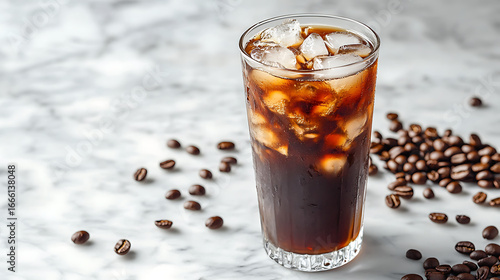 Tall glass filled with iced coffee and ice cubes, surrounded by scattered coffee beans on light marble surface, creating refreshing and inviting beverage scene