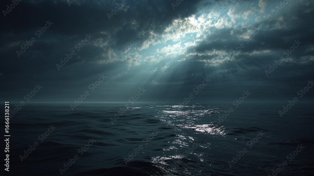 Obraz premium 一筋の光が差し込む空と海