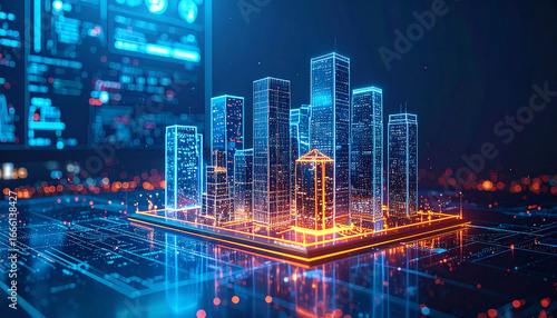 Wallpaper Mural Digital Cityscape: A futuristic, digital representation of a modern cityscape, glowing with intricate detail and vibrant colors, showcasing the advancements in technology and urban design. Torontodigital.ca