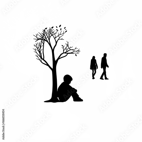Child hugging teddy bear parents apart family silhouette isolated on white background