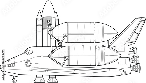 Detailed line art of space shuttle with open cargo bay, satellite payload modules, boosters and fuel tank, aerospace engineering vector illustration