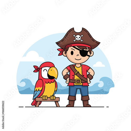 Cute cartoon pirate captain and his colorful parrot companion standing together on a tropical island adventure
