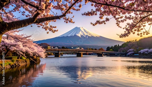 Wallpaper Mural Mount Fuji rises beyond a lake, framed by cherry blossoms in full bloom—evoking national identity, seasonal ritual, and emotional stillness through iconic symmetry and cultural resonance. Torontodigital.ca