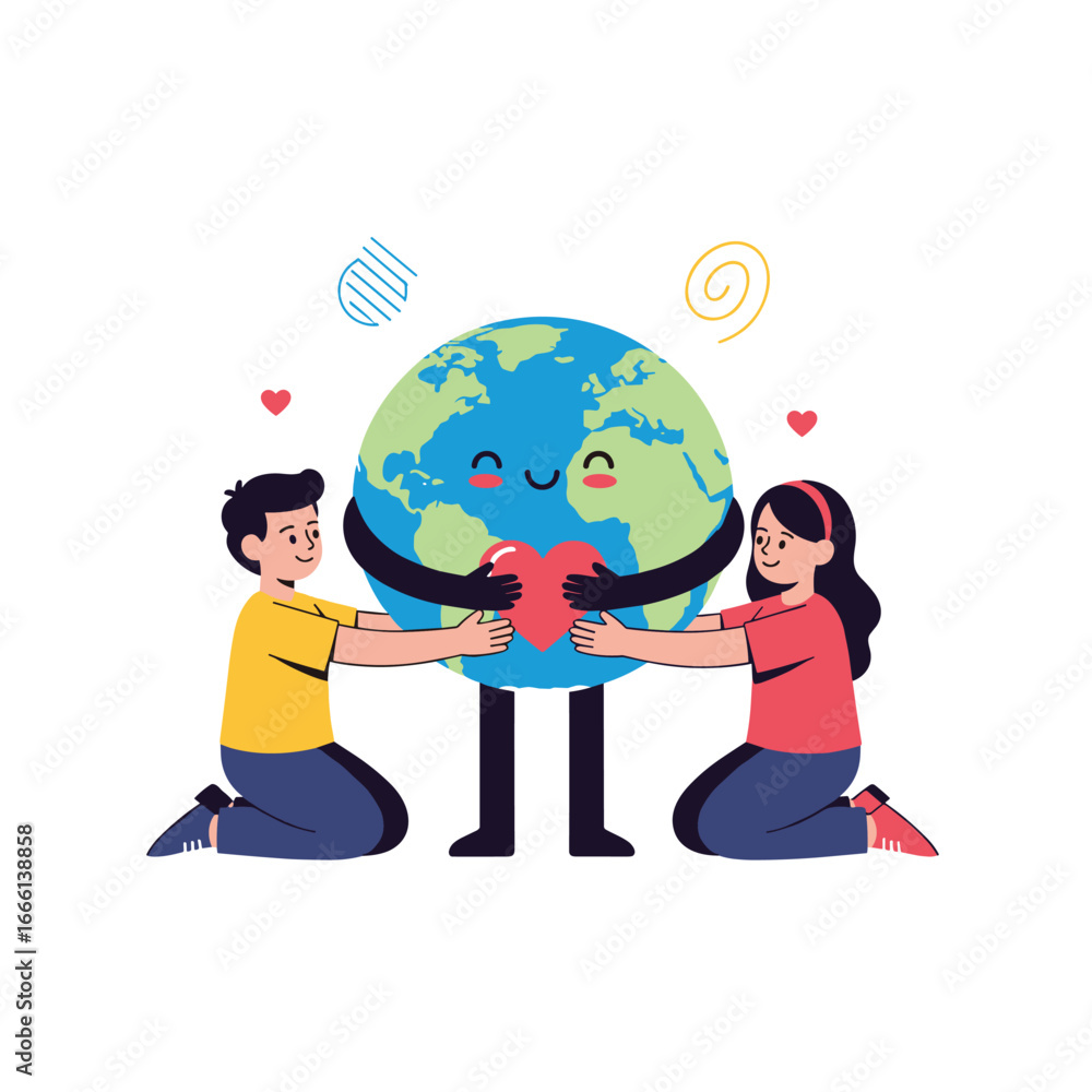 Fototapeta premium Children hug the earth holding a heart caring for our planet together