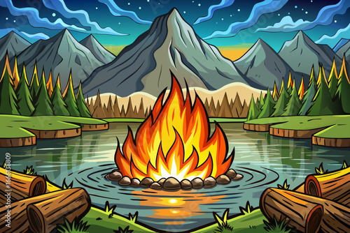 A warm campfire burning near a serene mountain lake at dusk, with the flames beautifully reflecting on the calm water surface. nature and adventure themes.