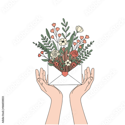 Elegant floral envelope delivered by gentle hands with heart accent
