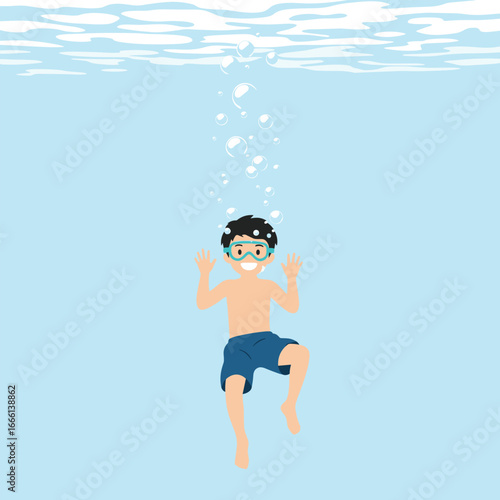 Young boy having fun underwater in bright blue swimming pool with bubbles