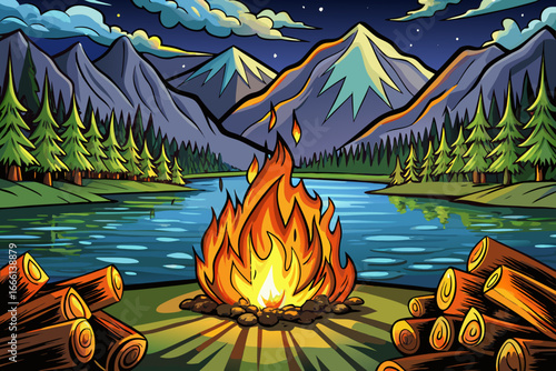 A warm campfire burning near a serene mountain lake at dusk, with the flames beautifully reflecting on the calm water surface. nature and adventure themes.