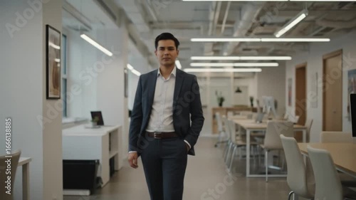 Wallpaper Mural Confident young businessman Walking Through Modern Office Space in Formal Attire with Steady Camera Movement Torontodigital.ca