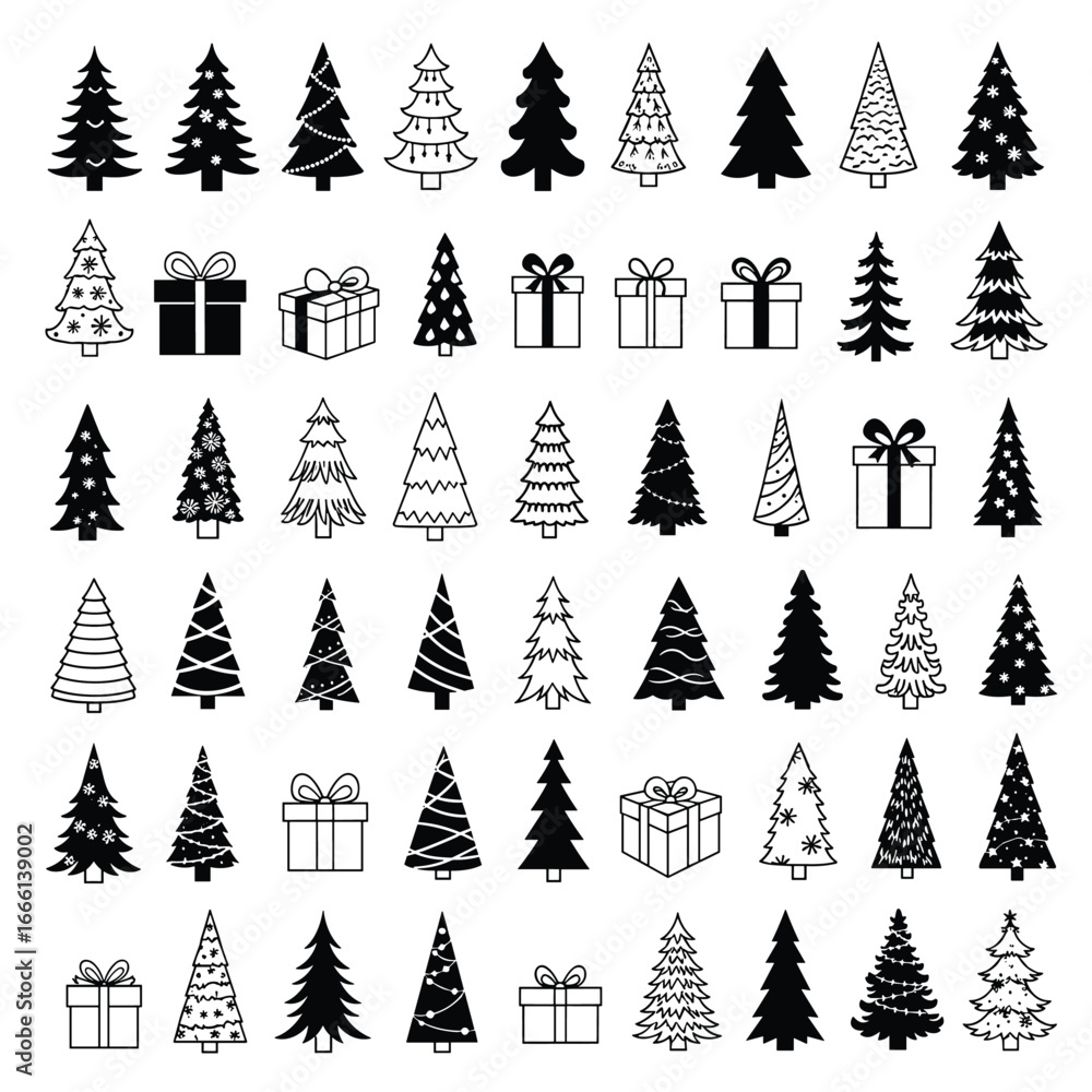 Obraz premium Collection of decorative christmas trees and gift boxes for festive holiday celebrations