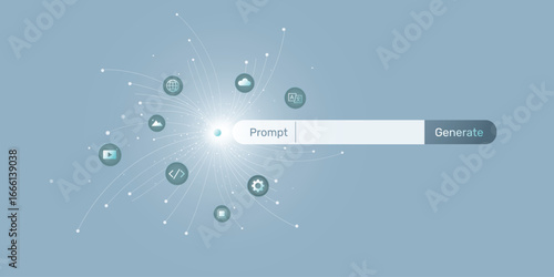 prompt generate button; Generate with AI button. Visualization of big data, technology, AI, data transfer, information flow, data stream, large language models