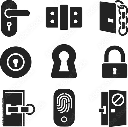 Security and door lock vector icons set, padlock, keyhole, fingerprint, chain lock, privacy, safety, access control, password, unlock, protection illustration