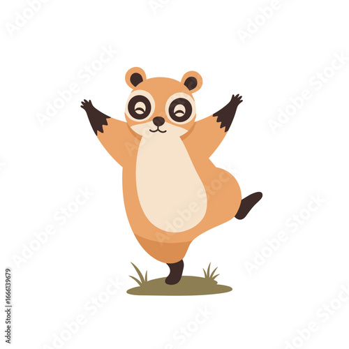 A cheerful tanuki stands on one leg with arms raised in a delightful pose