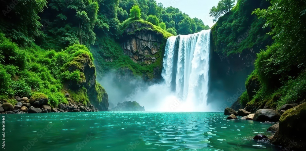 Fototapeta premium Powerful waterfall plunges into emerald green pool, surrounded by dense foliage , forest, ecology