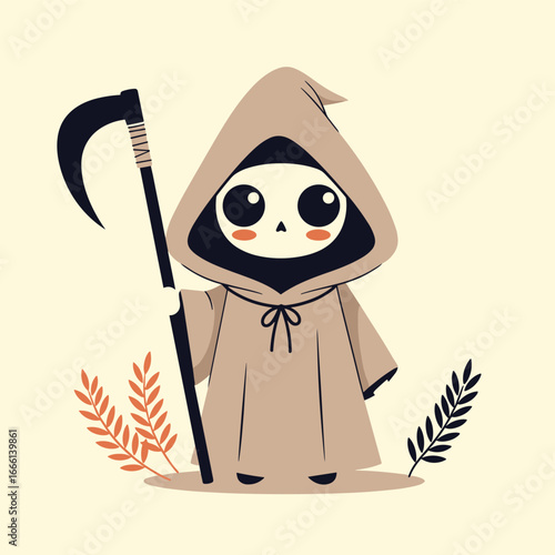 Cute grim reaper holding scythe amidst autumn leaves cartoon style