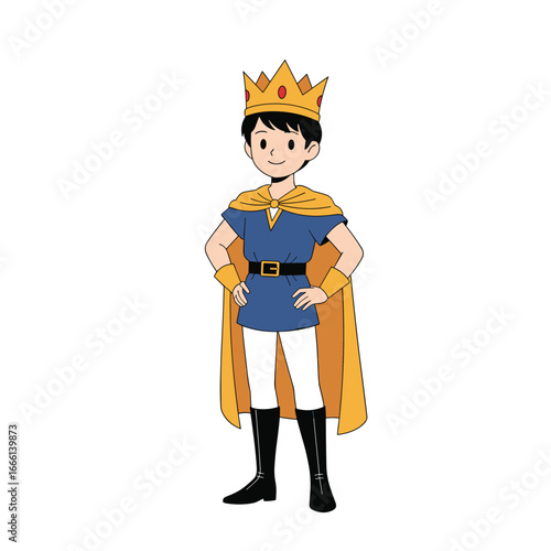 Charming little prince wearing golden crown and royal cape on white background