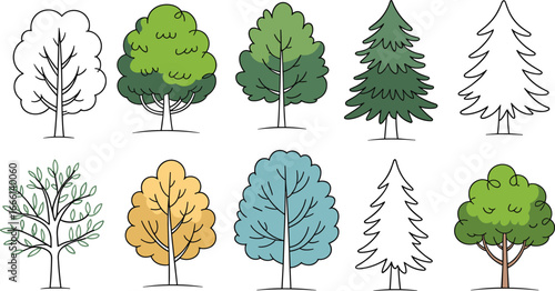 Set of colorful tree illustrations in various shapes and styles, representing different seasons, foliage types, and artistic interpretations for nature, environment, and botanical design themes
