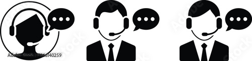 Customer service support icons, call center representative symbols, communication headset operator illustration, helpline agent silhouette, online assistance vector design elements