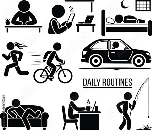 Daily routine activities, lifestyle vector illustration, stick figure icons, exercise, work, sleep, driving, relaxation, coffee time, healthy habits design, silhouette