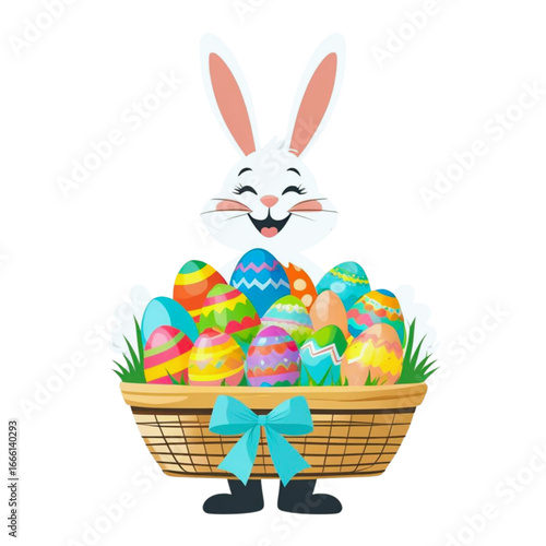 Joyful easter bunny with basket full of colorful painted eggs vector illustration