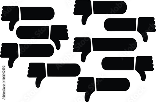 Thumbs down icon, negative feedback symbol, dislike hand gesture, black silhouette design, social media reaction, rejection sign, vector illustration background