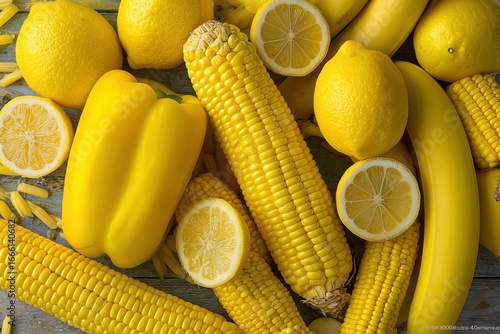 Fototapeta Naklejka Na Ścianę i Meble -  Assortment of yellow fruits and vegetables: corn, lemon, pepper, banana