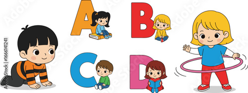 Alphabet Letters A to D with Cute Cartoon Kids Learning and Playing Activities, Fun Educational Vector Illustration for Children and Schools